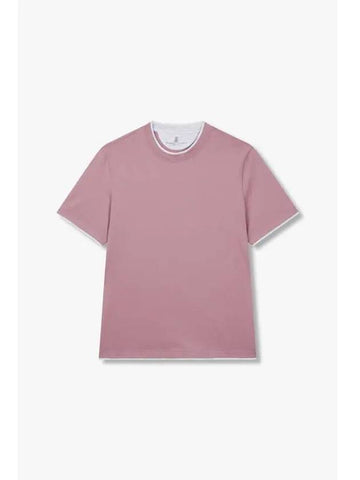 Men s Easy Layered Cotton T Shirt Dark Pink - BRUNELLO CUCINELLI - BALAAN 1