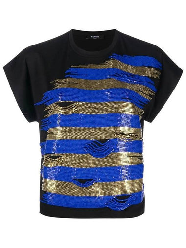 Balmain Ladies Striped Embroidered Cropped T-Shirt, Size Small - BALMAIN - BALAAN 1