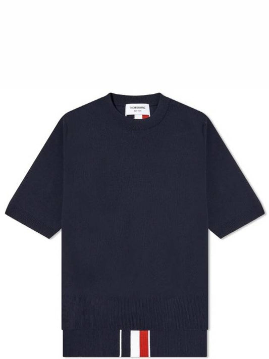 Three Stripes Back Viscose Short Sleeve T-Shirt Navy - THOM BROWNE - BALAAN 2