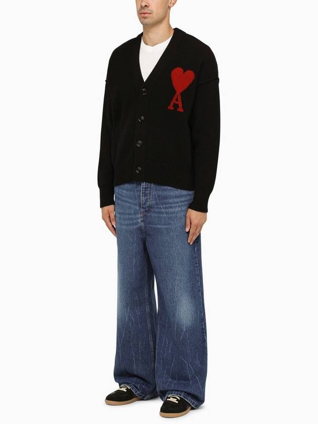 Heart Logo V Neck Wool Cardigan Black - AMI - BALAAN 5