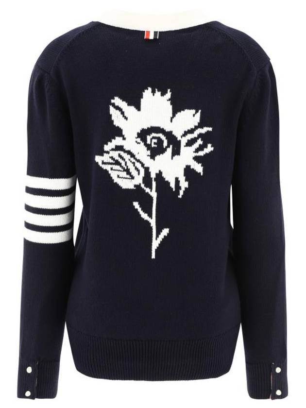 Cotton Jersey Flower 4 Bar V Neck Cardigan Navy - THOM BROWNE - BALAAN 3