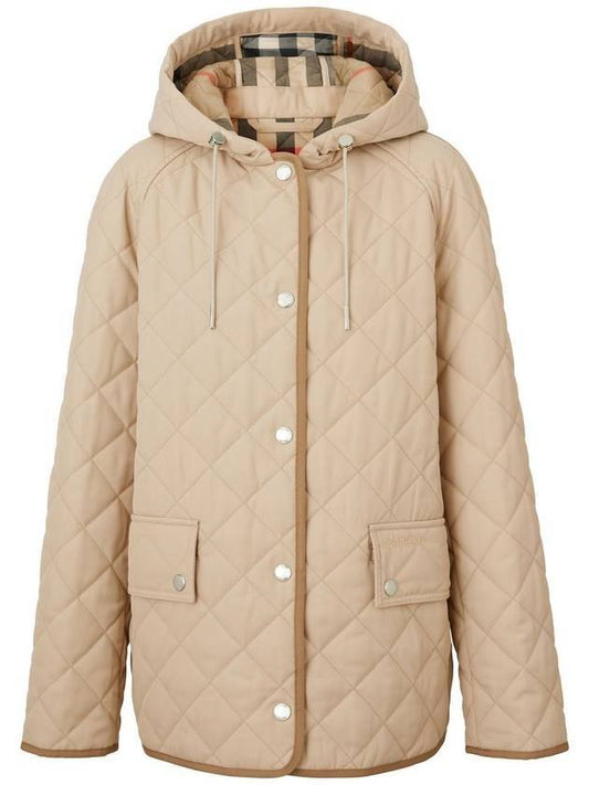 Logo Detail Diamond Quilted Hooded Jacket Soft Fawn - BURBERRY - BALAAN 1
