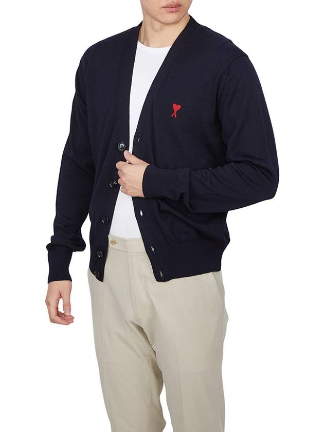 Red Heart Logo Merino Wool Cardigan Navy - AMI - BALAAN 5