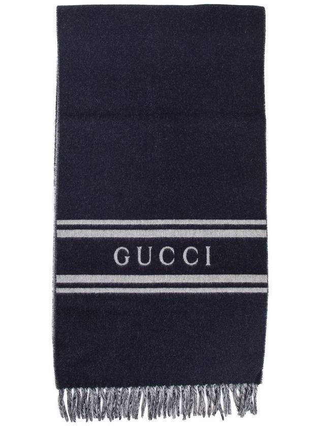 Striped Logo Wool Cashmere Scarf Navy - GUCCI - BALAAN 2