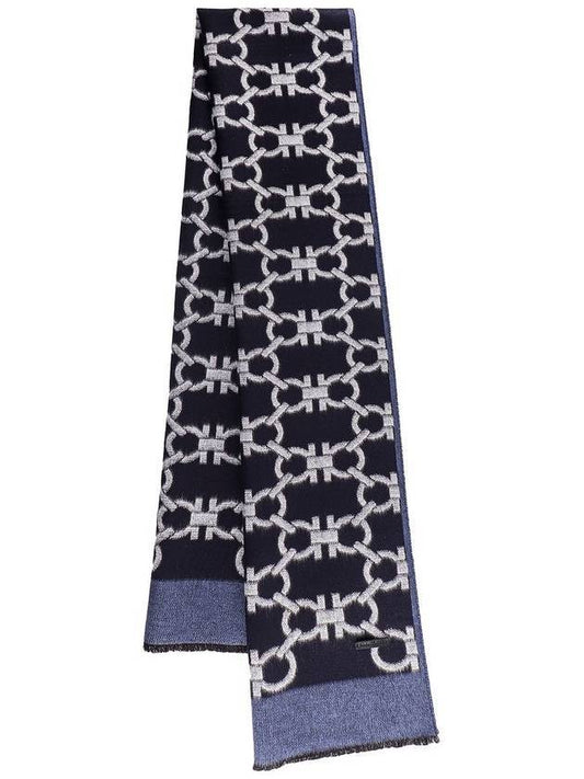 Salvatore Noville Gancini Scarf Suaki Navy Blue Ivory - SALVATORE FERRAGAMO - BALAAN.