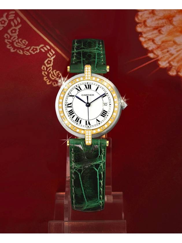 Panda diamond bezel round green alligator leather band combination watch - CARTIER - BALAAN 2