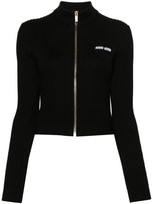 Logo Patch Rib High Neck Zip-Up Wool Cardigan Black - MIU MIU - BALAAN 1