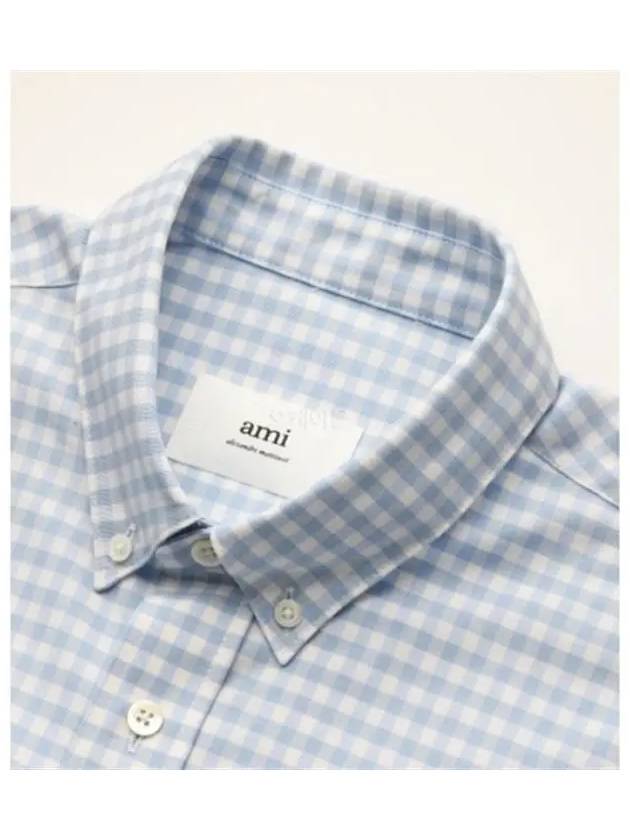 Small Heart Logo Gingham Button Long Sleeves Shirt Sky Blue - AMI - BALAAN 4