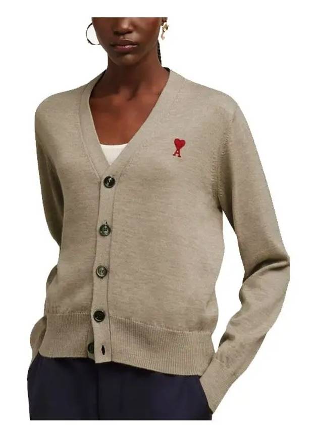 Red Heart Logo Merino Wool Cardigan Beige - AMI - BALAAN 3