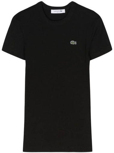 Slim Fit Ribbed Cotton Short Sleeve T-Shirt Black - LACOSTE - BALAAN 1