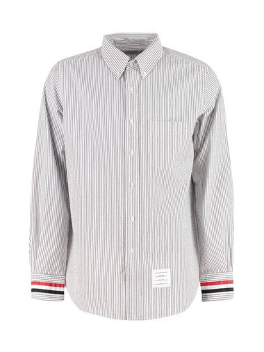 Three Stripes Grosgrain Cuff Striped Seersucker Long Sleeve Shirt Medium Grey - THOM BROWNE - BALAAN 1