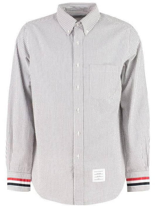 Three Stripes Grosgrain Cuff Striped Seersucker Long Sleeve Shirt Medium Gray - THOM BROWNE - BALAAN 1