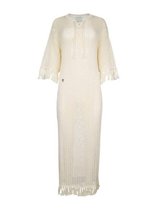 Dioriviera Fringed Caftan Cotton Knit Long Dress Ecru - DIOR - BALAAN 1