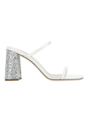 Satin Glitter Slide Sandals Heels White Silver - MIU MIU - BALAAN.