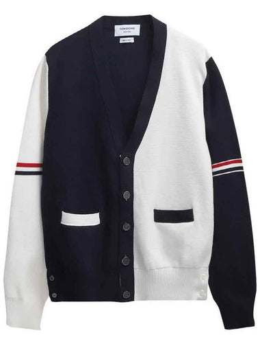 Funmix Cotton ArmBand V-Neck Cardigan White Navy - THOM BROWNE - BALAAN 1