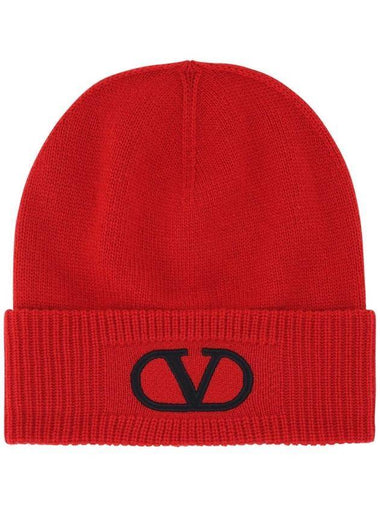 Signature V Logo Wool Beanie Red - VALENTINO - BALAAN 1