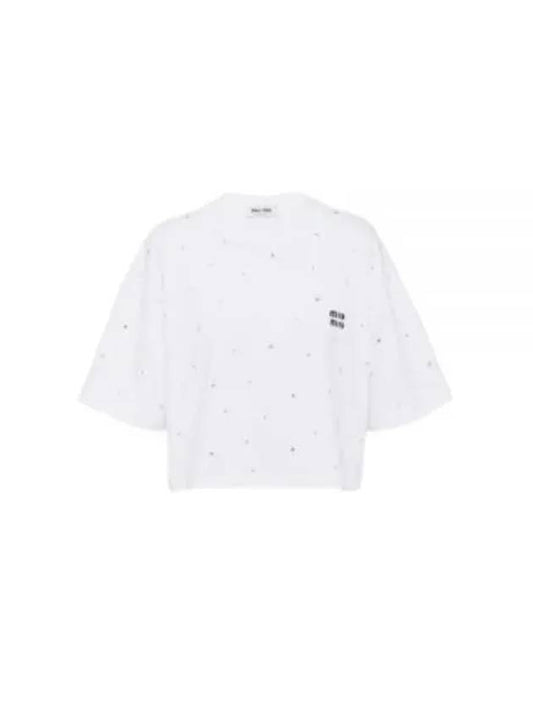 Embroidered Logo Crop Cotton Short Sleeved T-shirt White - MIU MIU - BALAAN 2