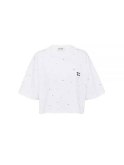 Embroidered Logo Crop Cotton Short Sleeved T-shirt White - MIU MIU - BALAAN 2