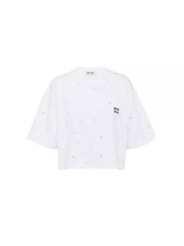 MIU MJN385 11EA F0009 Embroidered Logo Cotton Jersey T Shirt - MIU MIU - BALAAN 1