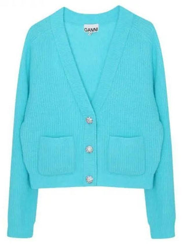 Jewel Button Soft Wool Cardigan Blue - GANNI - BALAAN 1