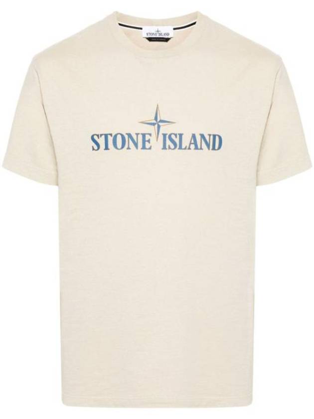 Logo Print Short Sleeve T-Shirt Beige - STONE ISLAND - BALAAN 1