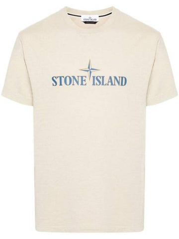 Logo Print Short Sleeve T-Shirt Beige - STONE ISLAND - BALAAN 1