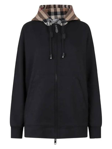 Check Cotton Hooded Jacket Black - BURBERRY - BALAAN.