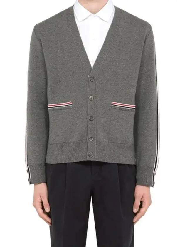 Men's Navy Side Intarsia Milano Stitch Wool Cardigan Grey - THOM BROWNE - BALAAN 3