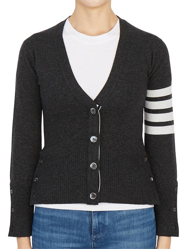 4-Bar V-Neck Cashmere Cardigan Dark Grey - THOM BROWNE - BALAAN 3