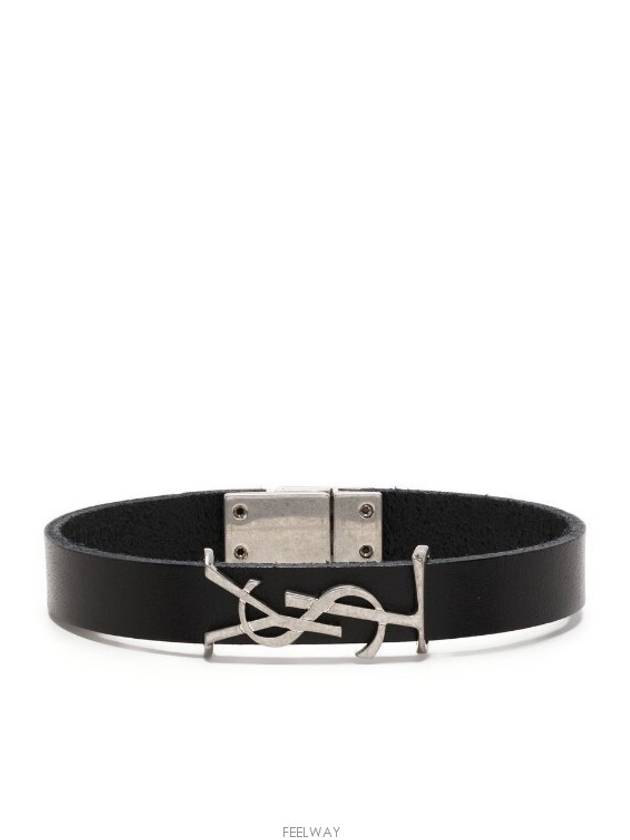 Opyum Silver Logo Leather Bracelet Black - SAINT LAURENT - BALAAN.