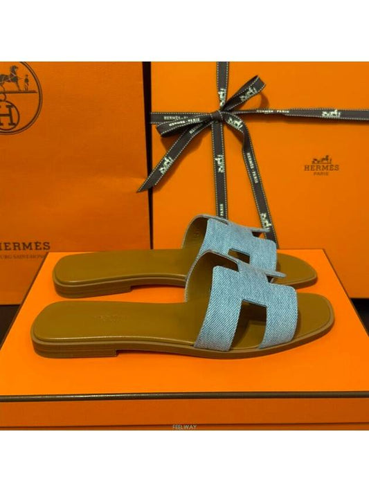 Women's Oran Sandals Calfskin Denim Brown Twotone - HERMES - BALAAN 1