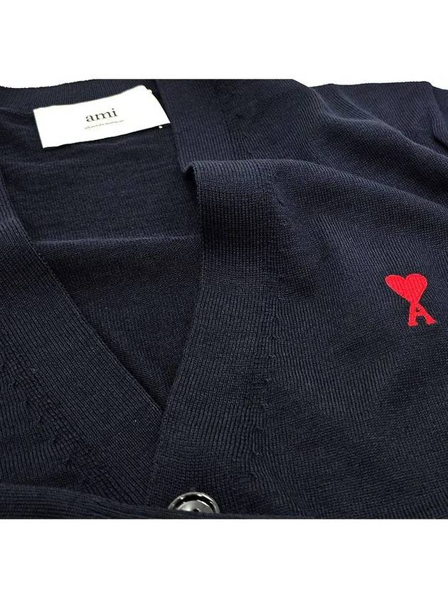 Red Heart Logo Merino Wool Cardigan Navy - AMI - BALAAN 3