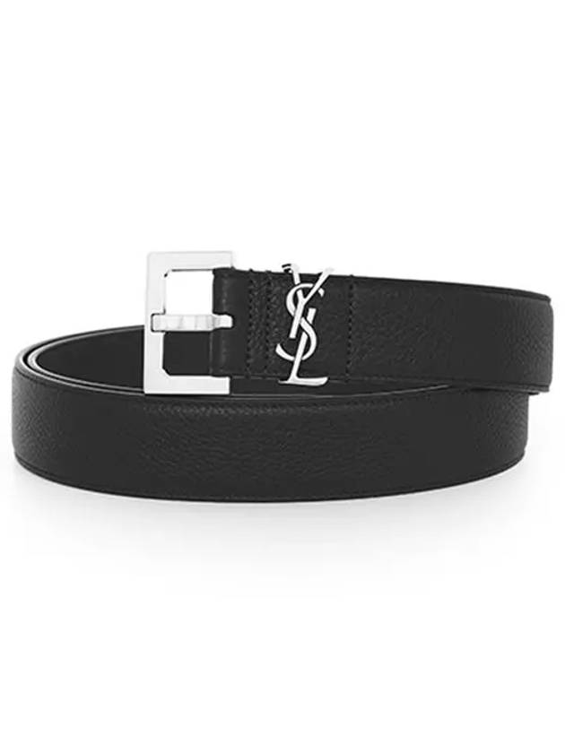 Grained Leather Silver Monogram Belt Black - SAINT LAURENT - BALAAN 3