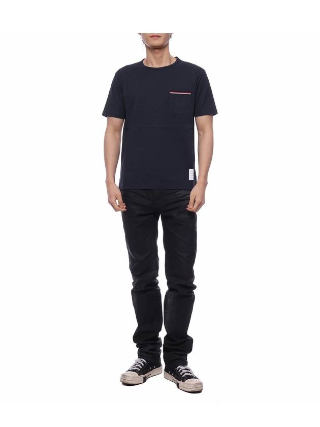 Men's Medium Weight Jersey Tipped Pocket Crewneck Short Short Sleeve T-Shirt Navy - THOM BROWNE - BALAAN 4