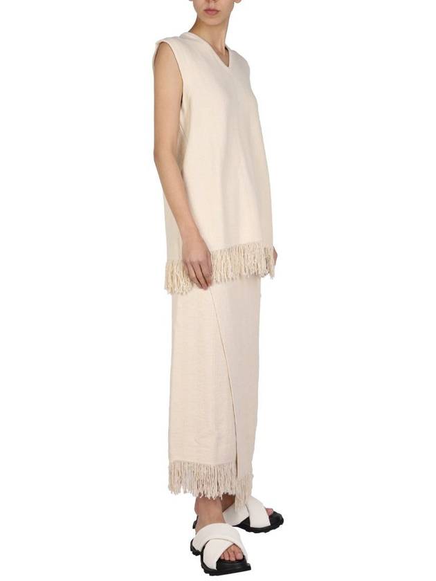 Women's V-neck Fringe Knit Sleeveless Beige - JIL SANDER - BALAAN 3