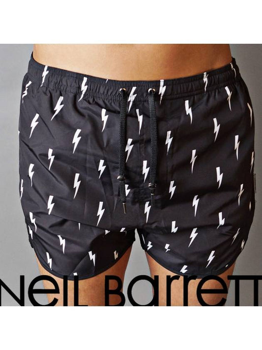 Men's Multi Lightning Swim Shorts Black White - NEIL BARRETT - BALAAN.