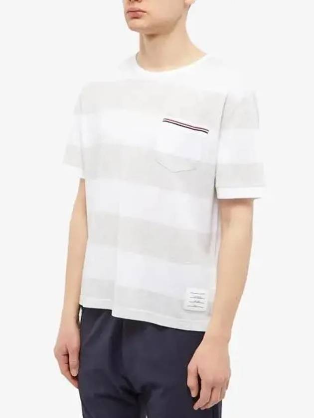 Men's Rugby Striped Pick Pocket Short Sleeve T-Shirt Pale Grey White - THOM BROWNE - BALAAN 5