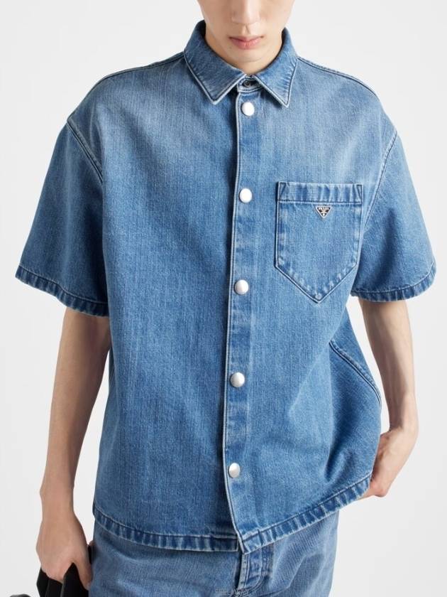 Triangle Logo Pocket Denim Short Sleeve Shirt Light Blue - PRADA - BALAAN 2