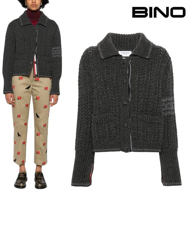 Chunky Links Stitch 4 Bar Polo Merino Wool Cardigan Grey - THOM BROWNE - BALAAN 2