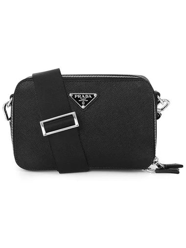 Brick Re-Nylon Saffiano Leather Triangular Logo Cross Bag Black - PRADA - BALAAN 1