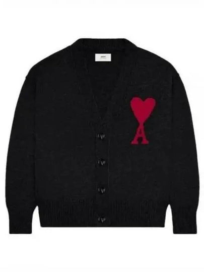 Heart Logo V Neck Wool Cardigan Black - AMI - BALAAN 2