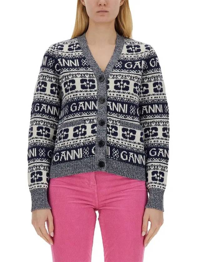 logo wool mix jacquard cardigan blue - GANNI - BALAAN 3