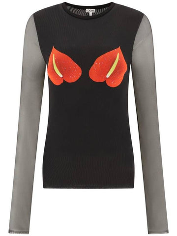 Anthurium Semi Sheer Mesh Long Sleeve T-Shirt Black - LOEWE - BALAAN 1