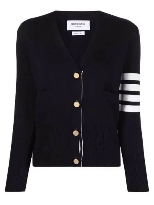 Milano Stitch 4 Bar Classic V Neck Fine Merino Wool Cardigan Navy - THOM BROWNE - BALAAN 2