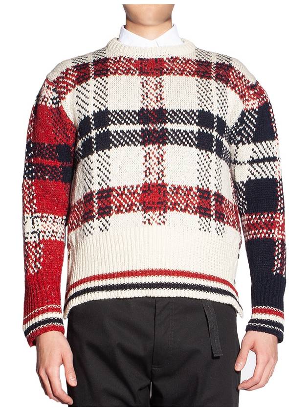 Tartan Check Jacquard Wool Mohair Knit Top Red Beige - THOM BROWNE - BALAAN 6