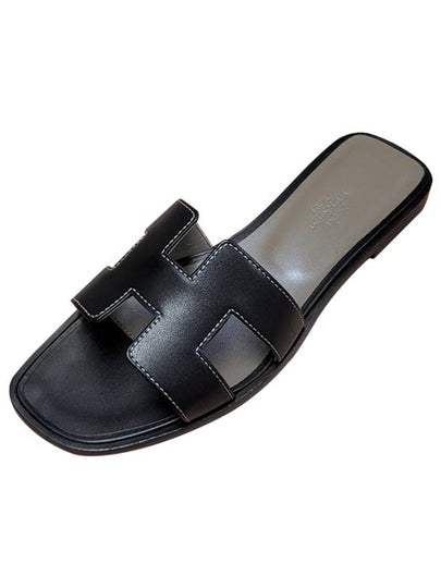 Oran Calfskin Slippers Noir Piqures Ecrues Black - HERMES - BALAAN 2