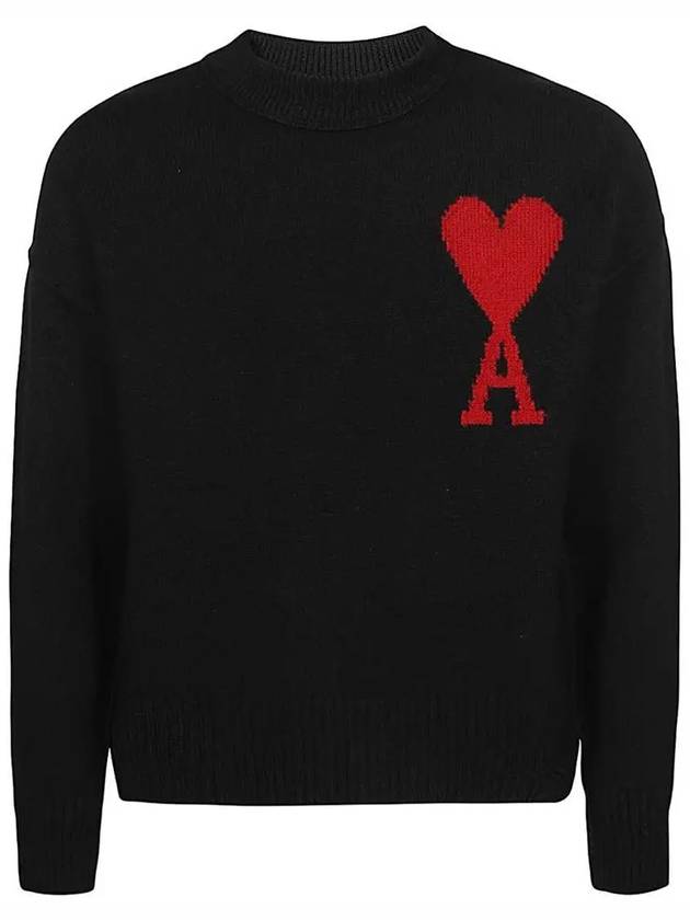 Intarsia Big Heart Logo Wool Knit Top Black - AMI - BALAAN 3