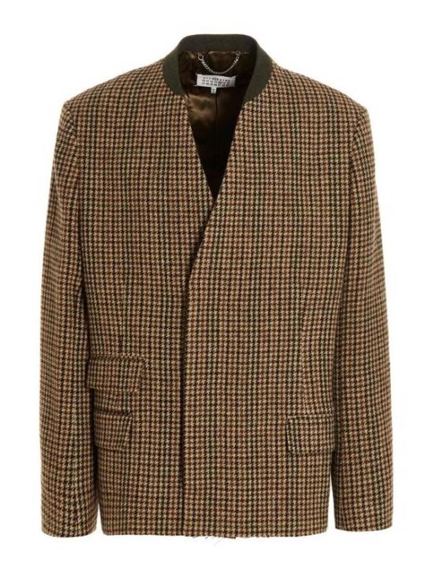 Stitched Low Cut Hem Collarless Check Wool Jacket Brown - MAISON MARGIELA - BALAAN 2