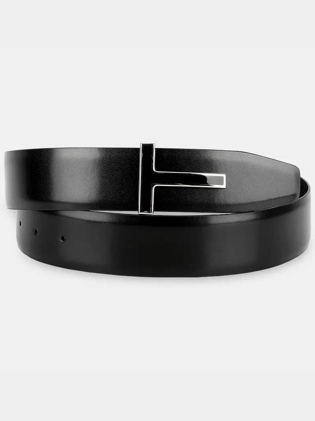 Silver T Logo Buckle Double-Sided Leather Belt Black - TOM FORD - BALAAN 3