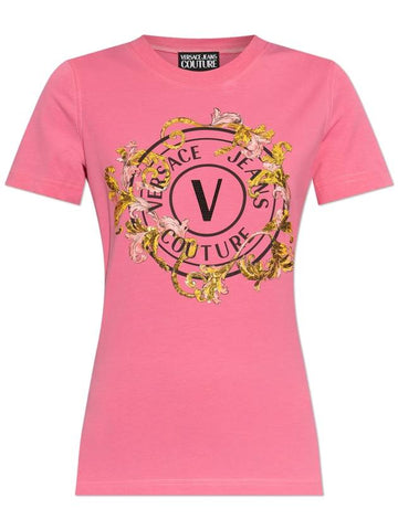 Versace Jeans Couture T-shirt With Print And Shimmering Appliqués, Women's, Pink - VERSACE - BALAAN 1